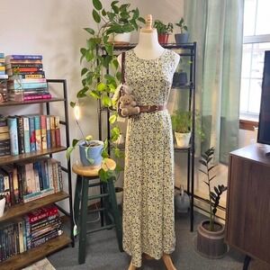 Vintage Yellow Floral Maxi Dress Size‎ 10 Boho, Cottage, Fairy, Sleeveless Slip